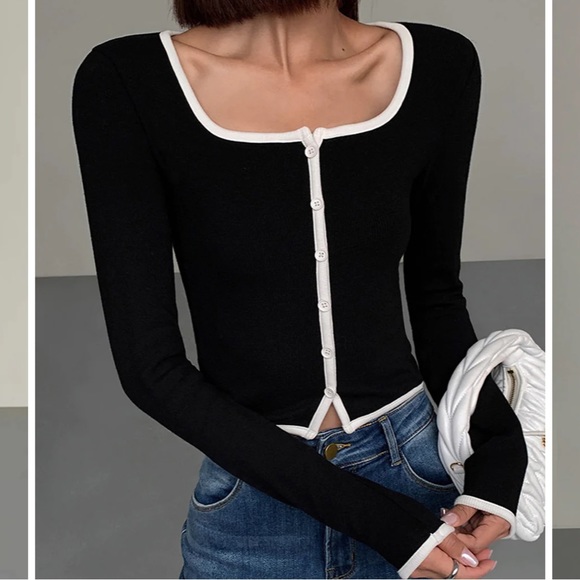 Square Neck Contrast Trim Long Sleeve Knit Shirt - Picture 1 of 5